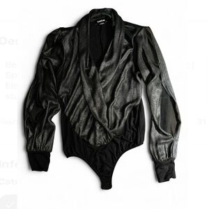 bebe Black Shimmer Wrap Shawl Neck - Split Long Sleeve Bodysuit